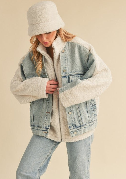 Denim Oversized Sherpa Jacket Large