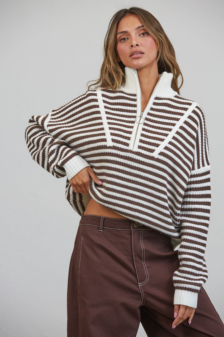 Stripe Brown Quarter Zip Sweater