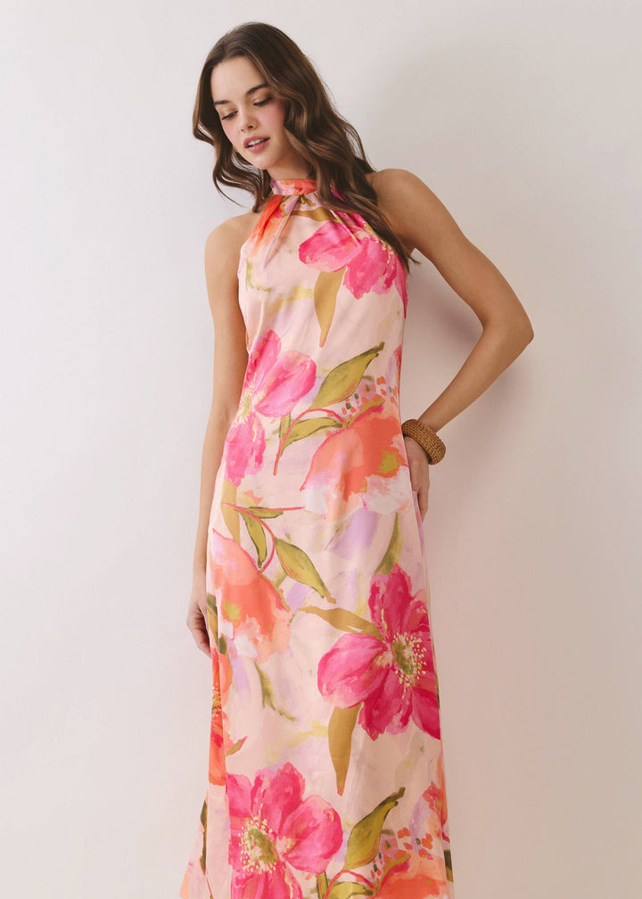 Floral Print Halter Neck Midi Dress
