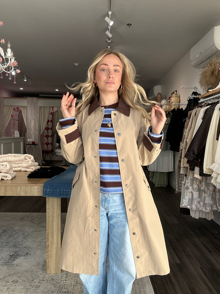 Contrast Collar Button Down Long Trench Coat