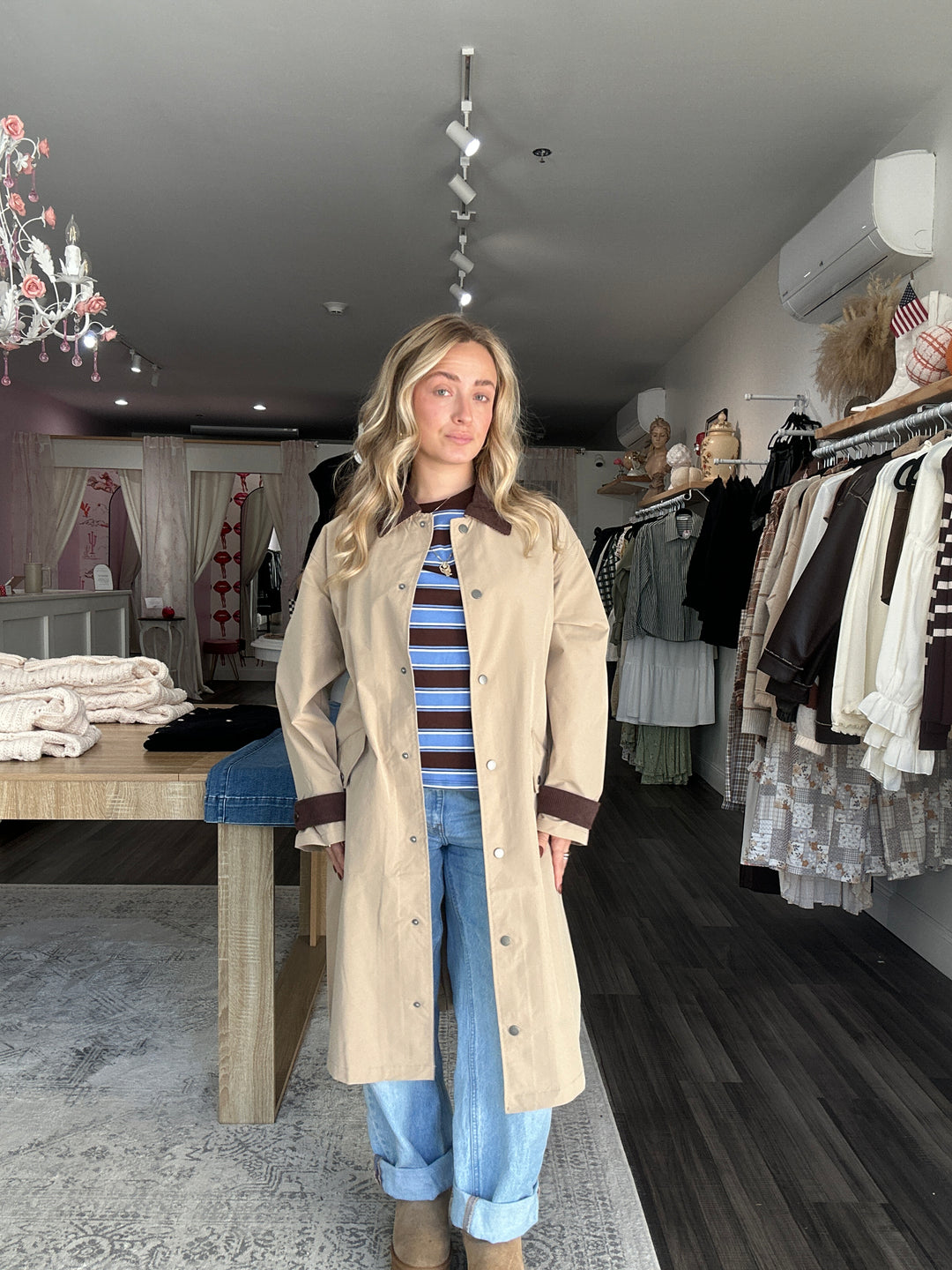 Contrast Collar Button Down Long Trench Coat