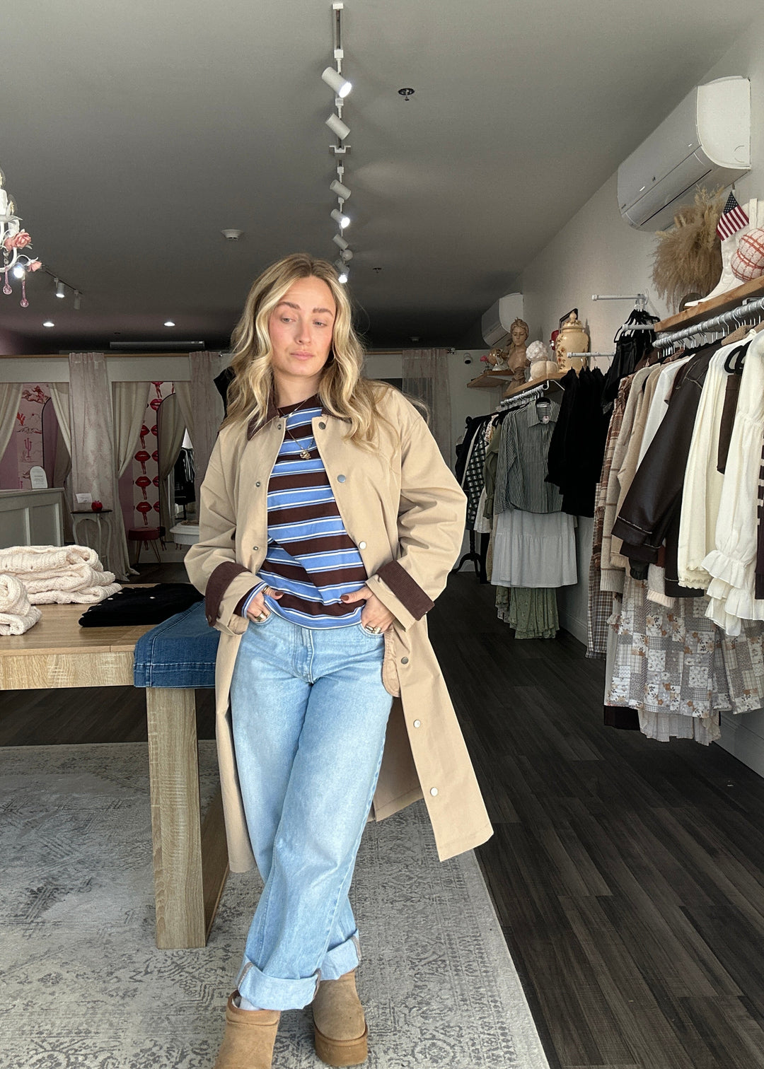 Contrast Collar Button Down Long Trench Coat