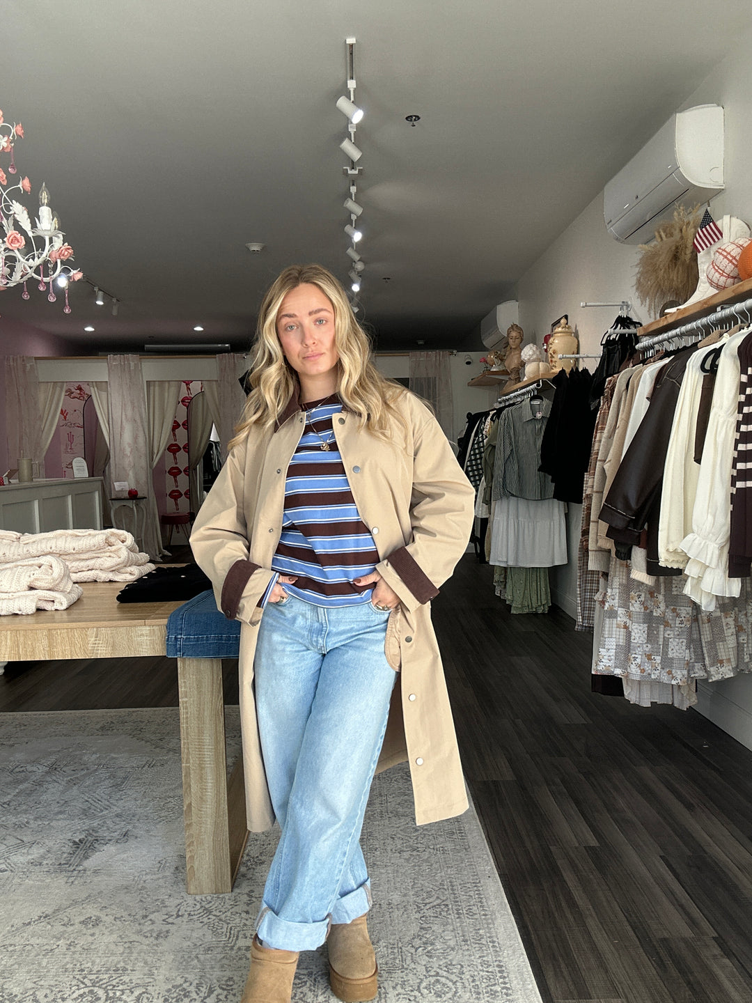 Contrast Collar Button Down Long Trench Coat