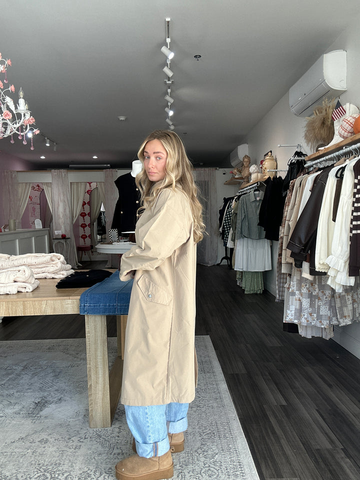 Contrast Collar Button Down Long Trench Coat