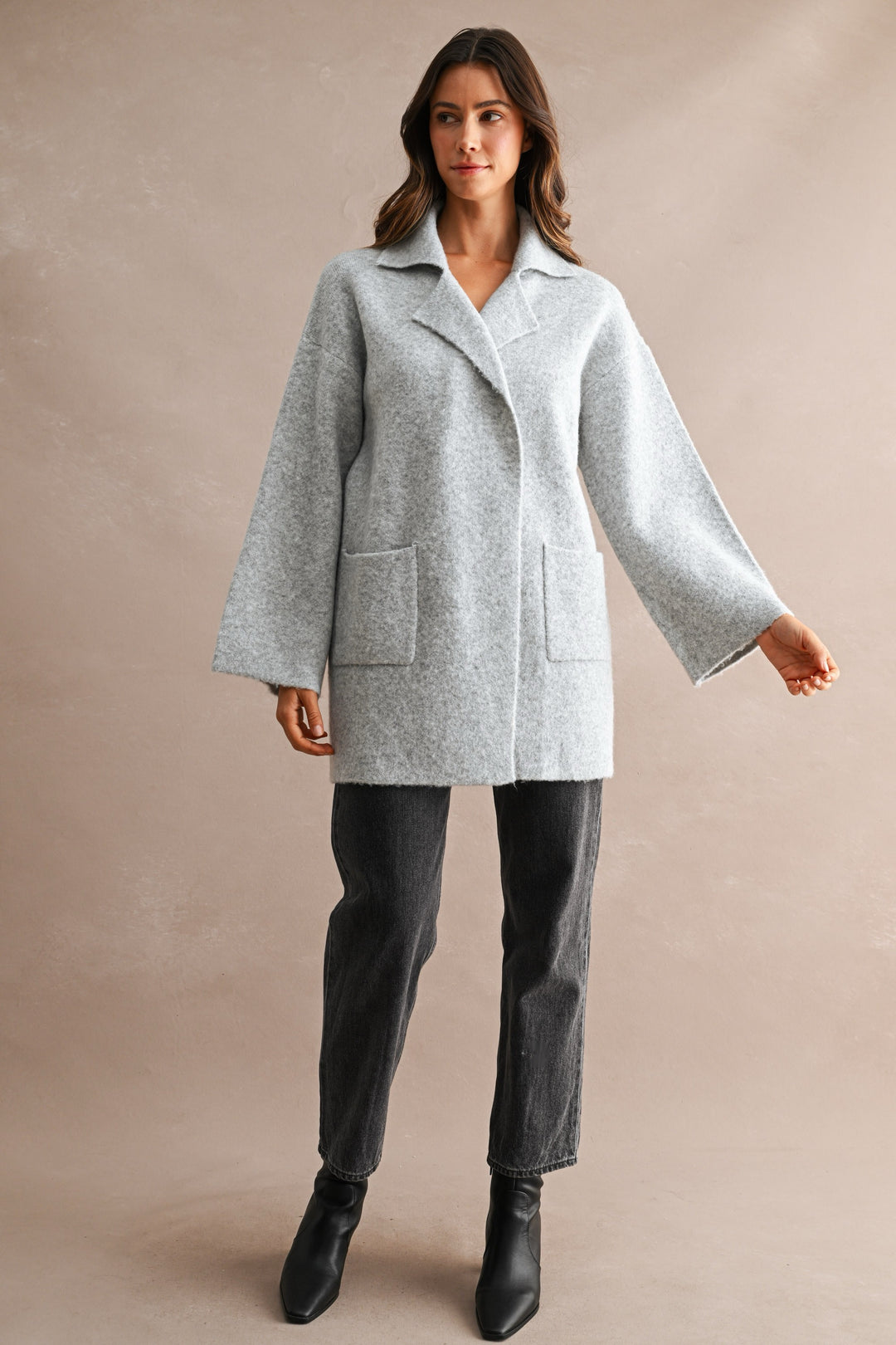 Grey Long Open Front Cardigan