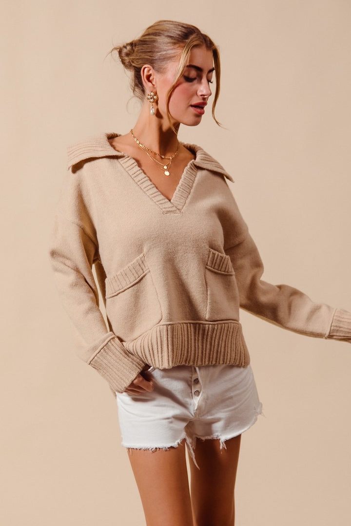 V Neck Sweater With Patch Pocket