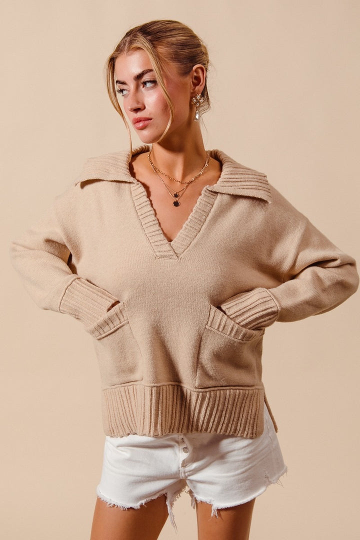 V Neck Sweater With Patch Pocket
