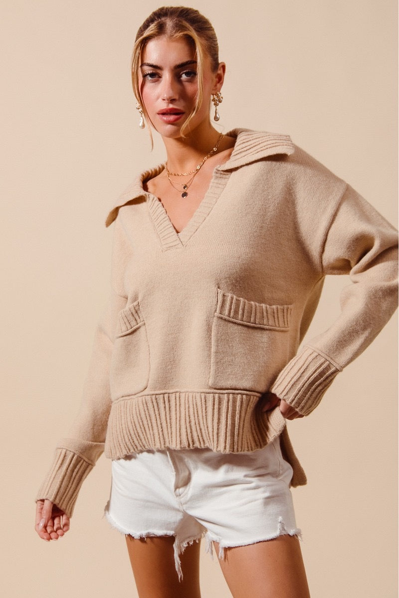 V Neck Sweater With Patch Pocket