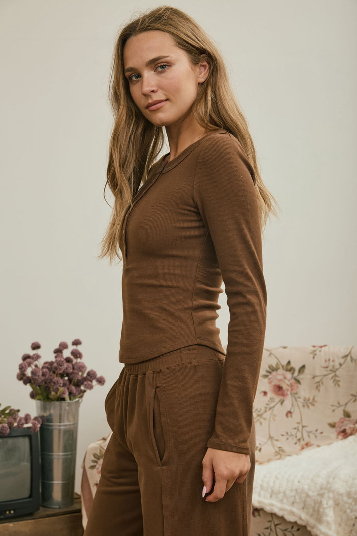Fitted Long Sleeve Henley Knit Top