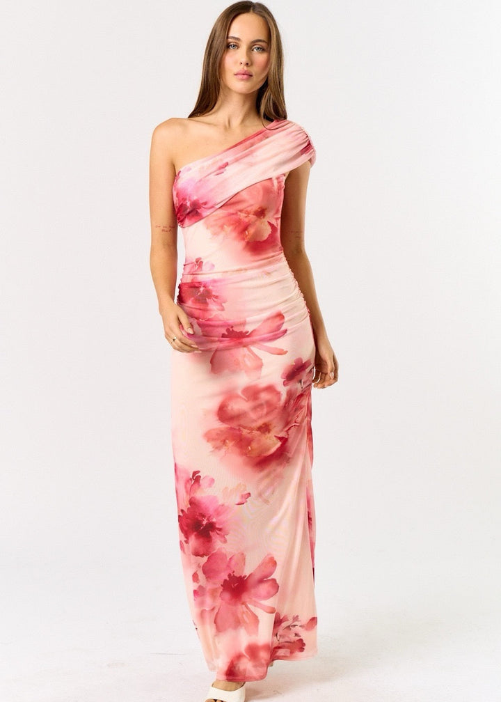 Pink Floral One Shoulder Maxi Dress