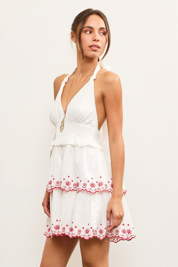 Halter Neck White Embroidered Dress
