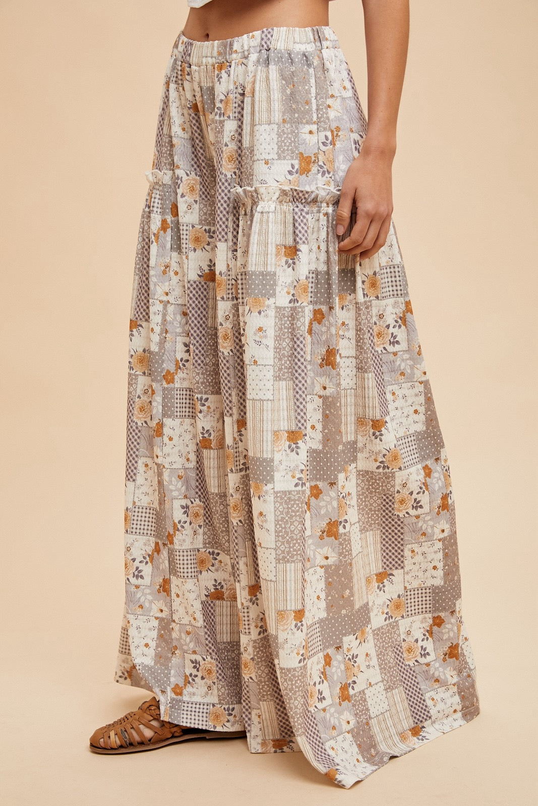Patchwork Print Textured Knit Wide Leg Pant