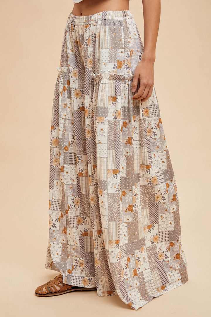 Patchwork Print Textured Knit Wide Leg Pant