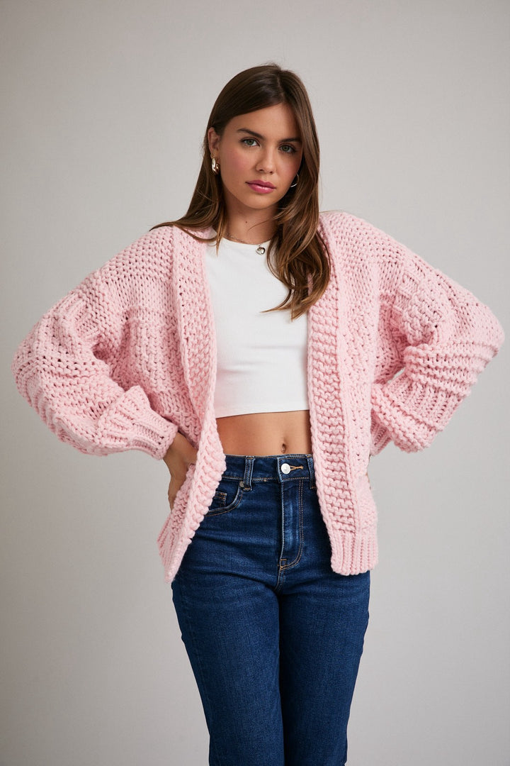 Pink Textured Knit Slouchy Cardigan