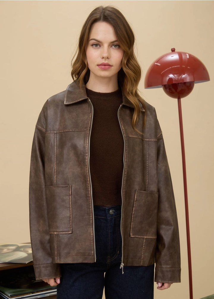 Washed Faux Leather Jacket