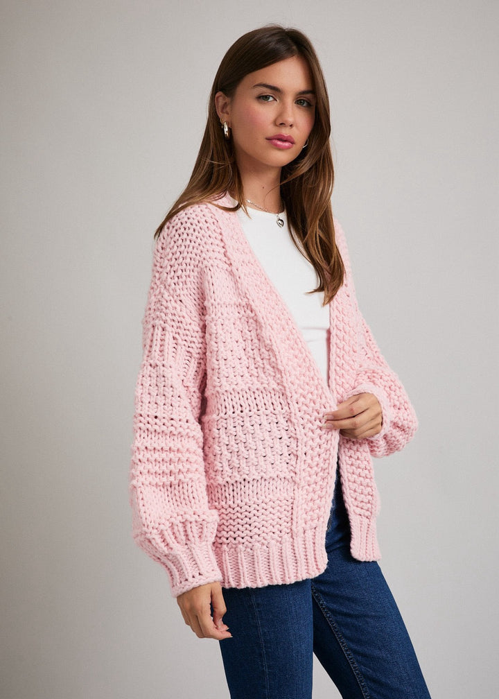 Pink Textured Knit Slouchy Cardigan