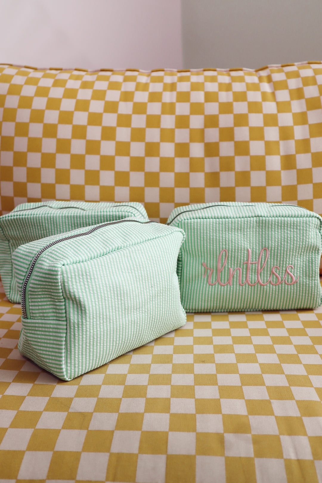 Green Striped Cosmetic Bag
