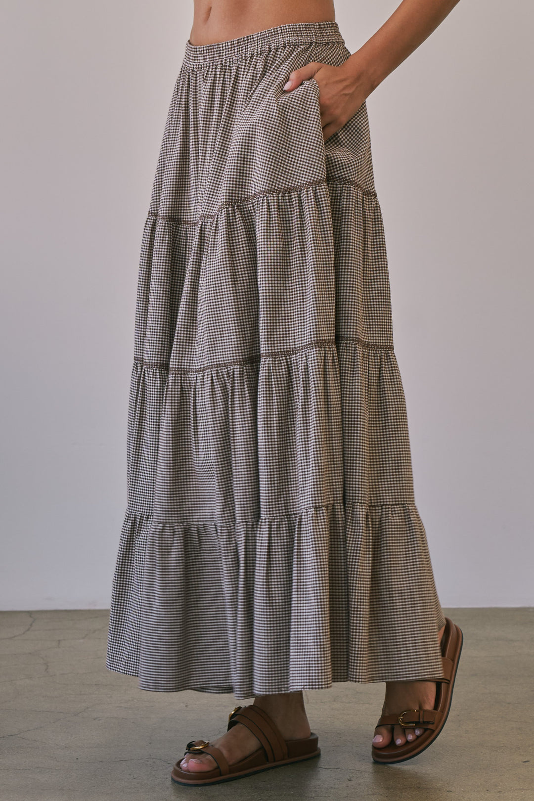 Brown Gingham Midi Skirt