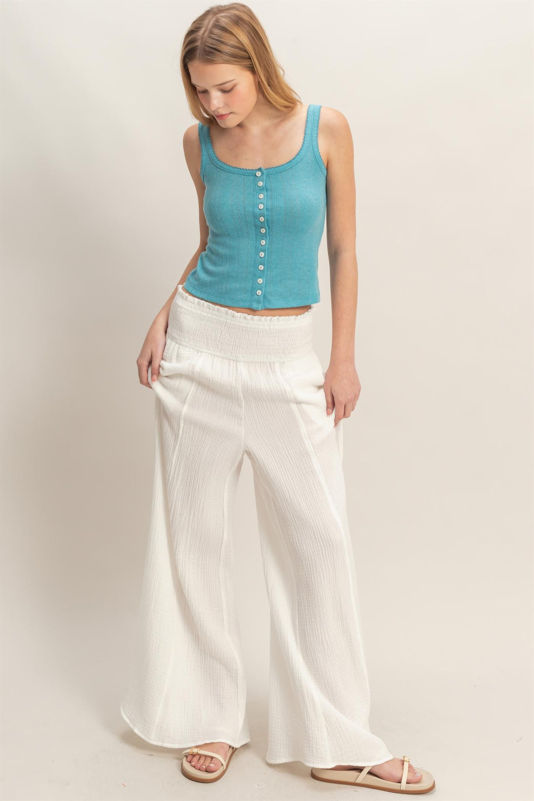 White Cotton Smocked Waist Pants
