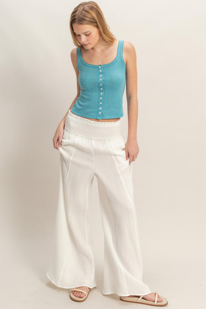 White Cotton Smocked Waist Pants
