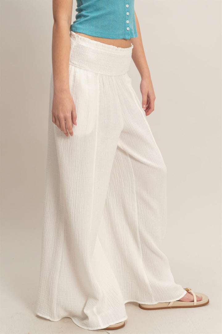 White Cotton Smocked Waist Pants