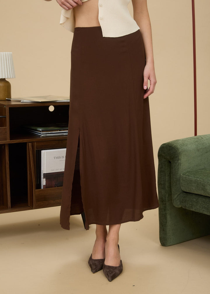 Chocolate Brown Side-Slit Midi Skirt