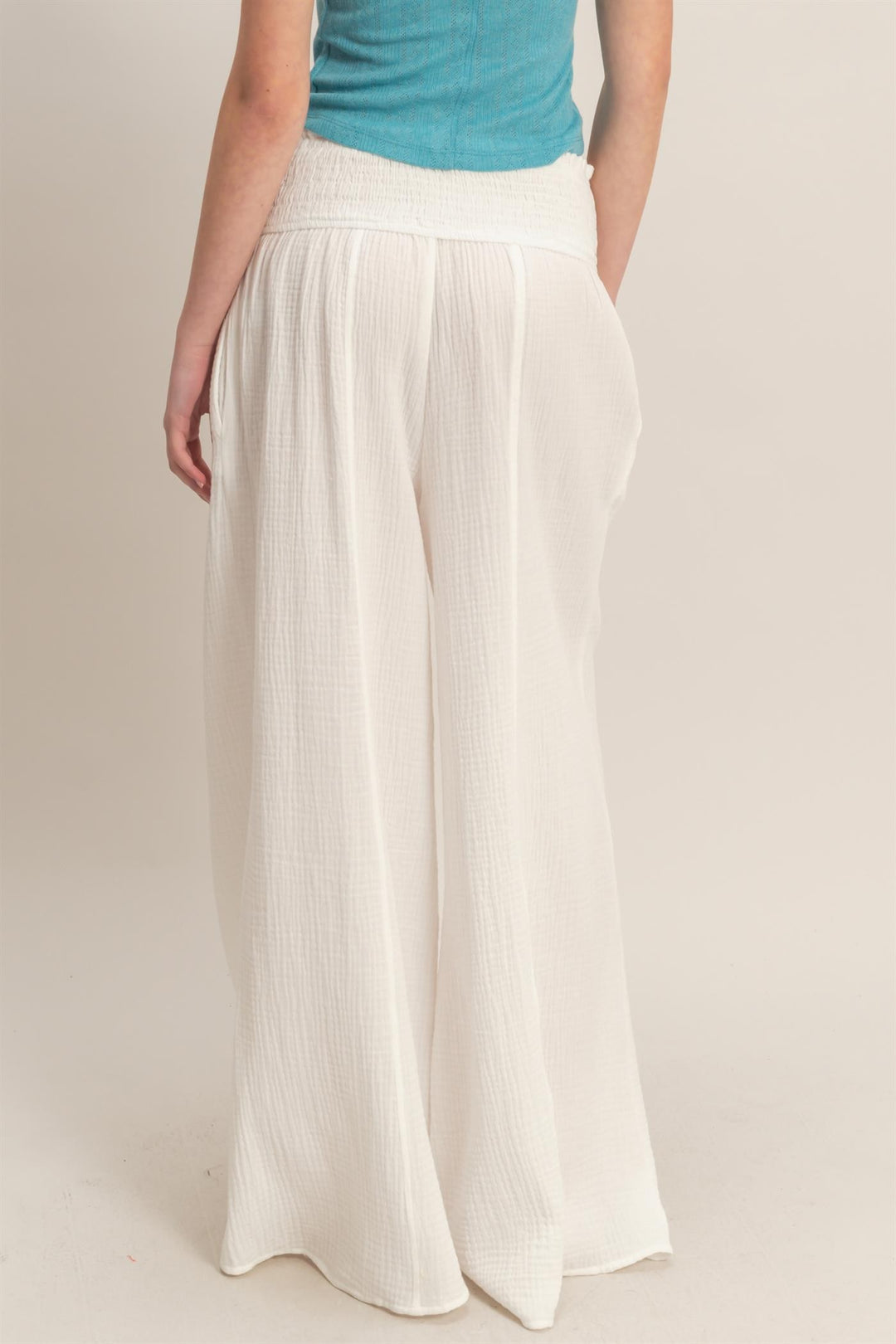 White Cotton Smocked Waist Pants