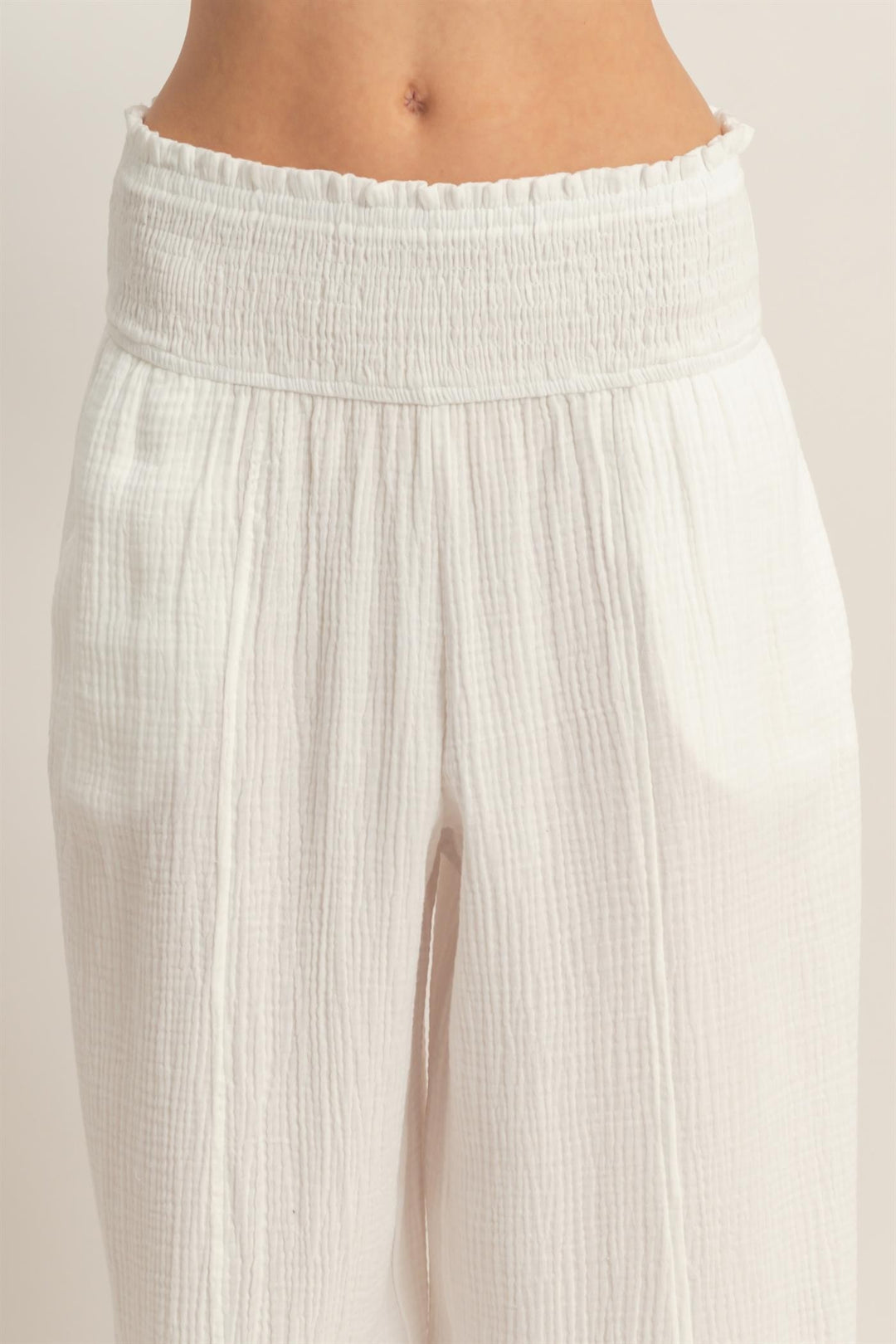 White Cotton Smocked Waist Pants