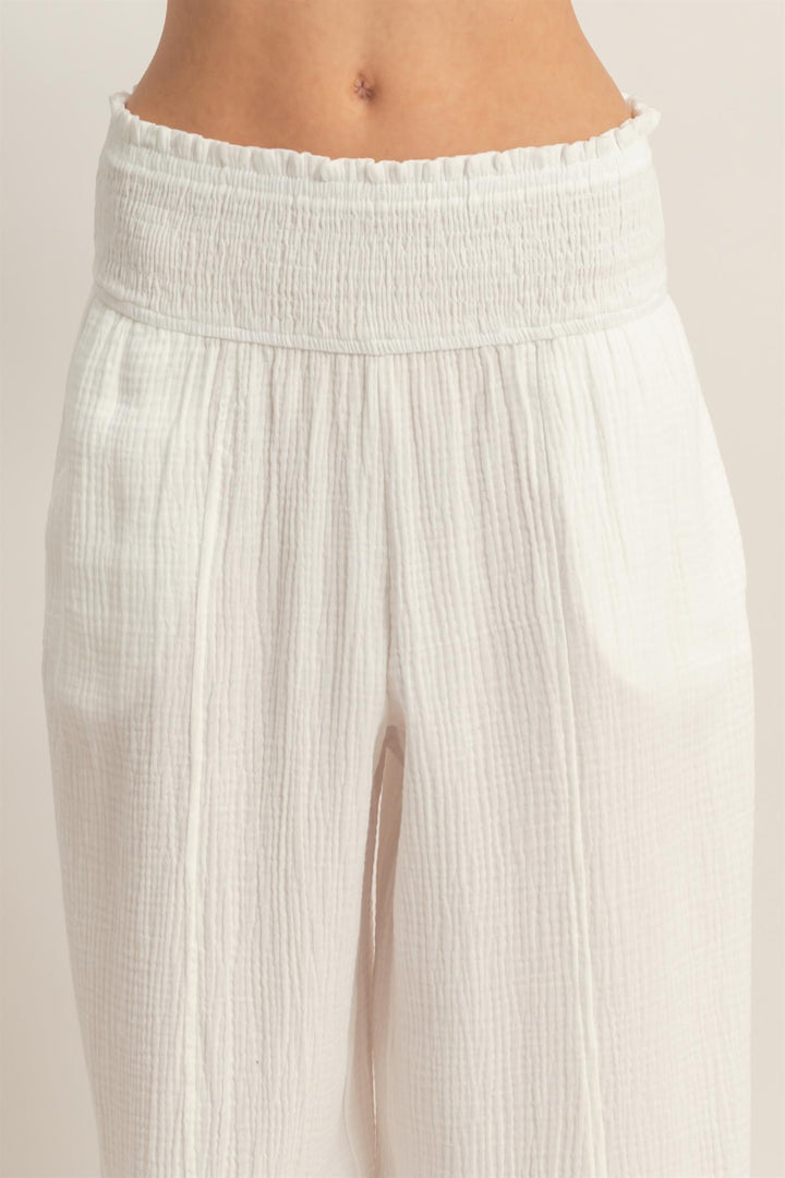 White Cotton Smocked Waist Pants